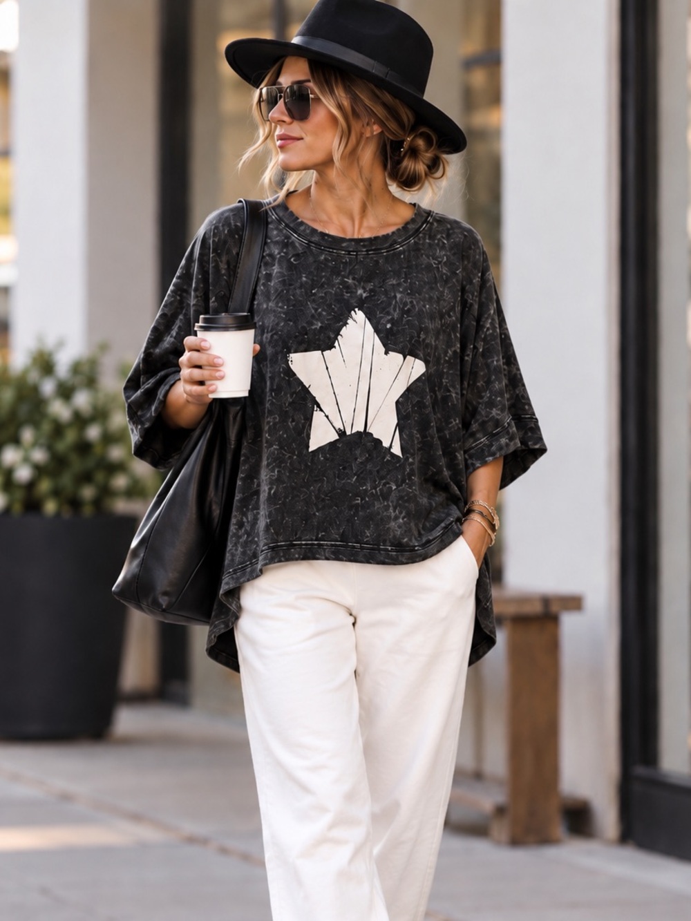 Promesa Oversized Mineral Wash Star Top Black Gray Dolman Sleeve L NWT